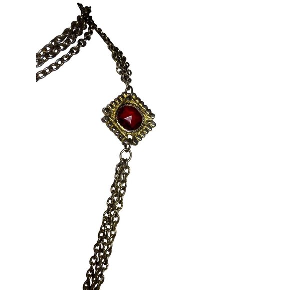 Vintage Gold Tone Multi Chain Necklace Red Glass Accents Tassel Pendant - Picture 3 of 4